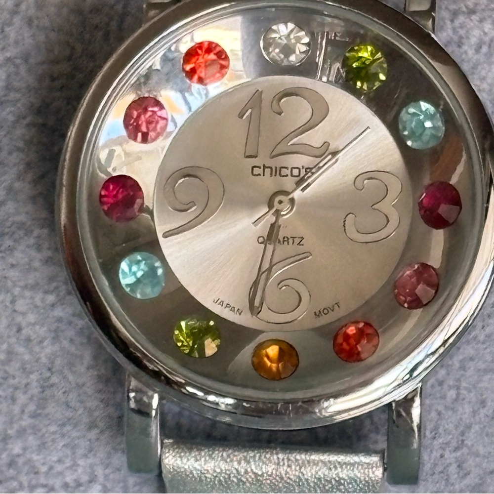 Fun Chico's Silver Tone Quartz Watch with Multicolor Gem Accents 40mm